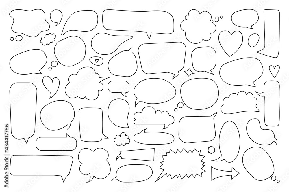 Fototapeta premium Speech bubble. Empty comic thinking and talking balloons. Hand drawn doodle text bubbles. Cute blank cartoon dialogue balloon vector set. Frames and borders of different shape for communication