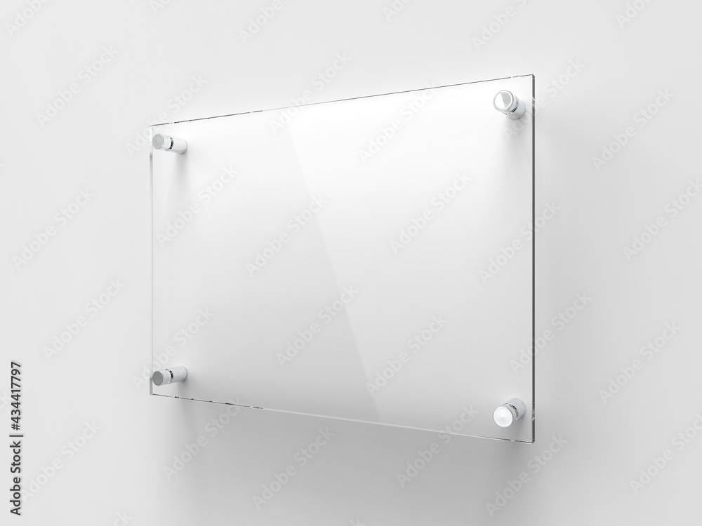 Blank A4 transparent glass office corporate Signage plate Mock Up Template, Clear Printing Board For Branding, Logo. Transparent acrylic advertising signboard mockup side view. 3D rendering - obrazy, fototapety, plakaty 