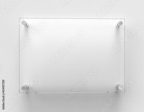 Blank A4 transparent glass office corporate Signage plate Mock Up Template, Clear Printing Board For Branding, Logo. Transparent acrylic advertising signboard mockup front view. 3D rendering photo