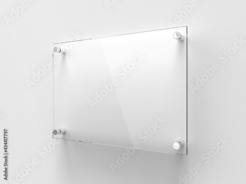 Blank A4 transparent glass office corporate Signage plate Mock Up Template, Clear Printing Board For Branding, Logo. Transparent acrylic advertising signboard mockup side view. 3D rendering photo