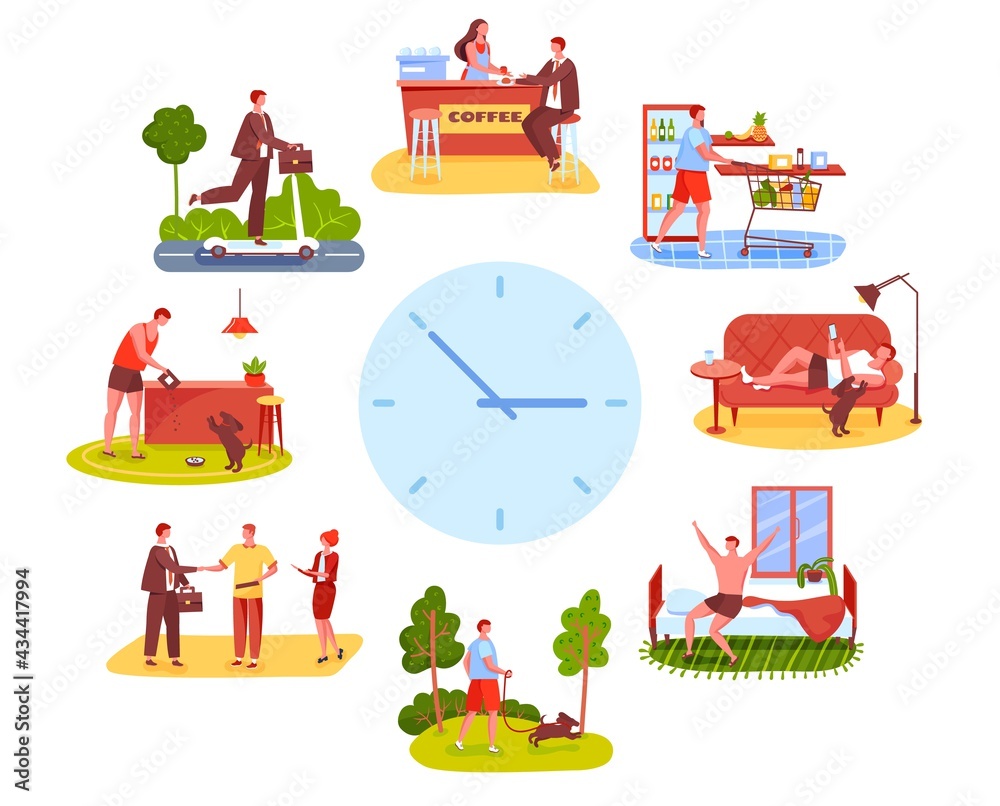 Naklejka premium Man routine. Shopping groceries, working at office, going on walk with dog. Active young guy everyday life schedule vector illustration. Morning, afternoon, evening male activities