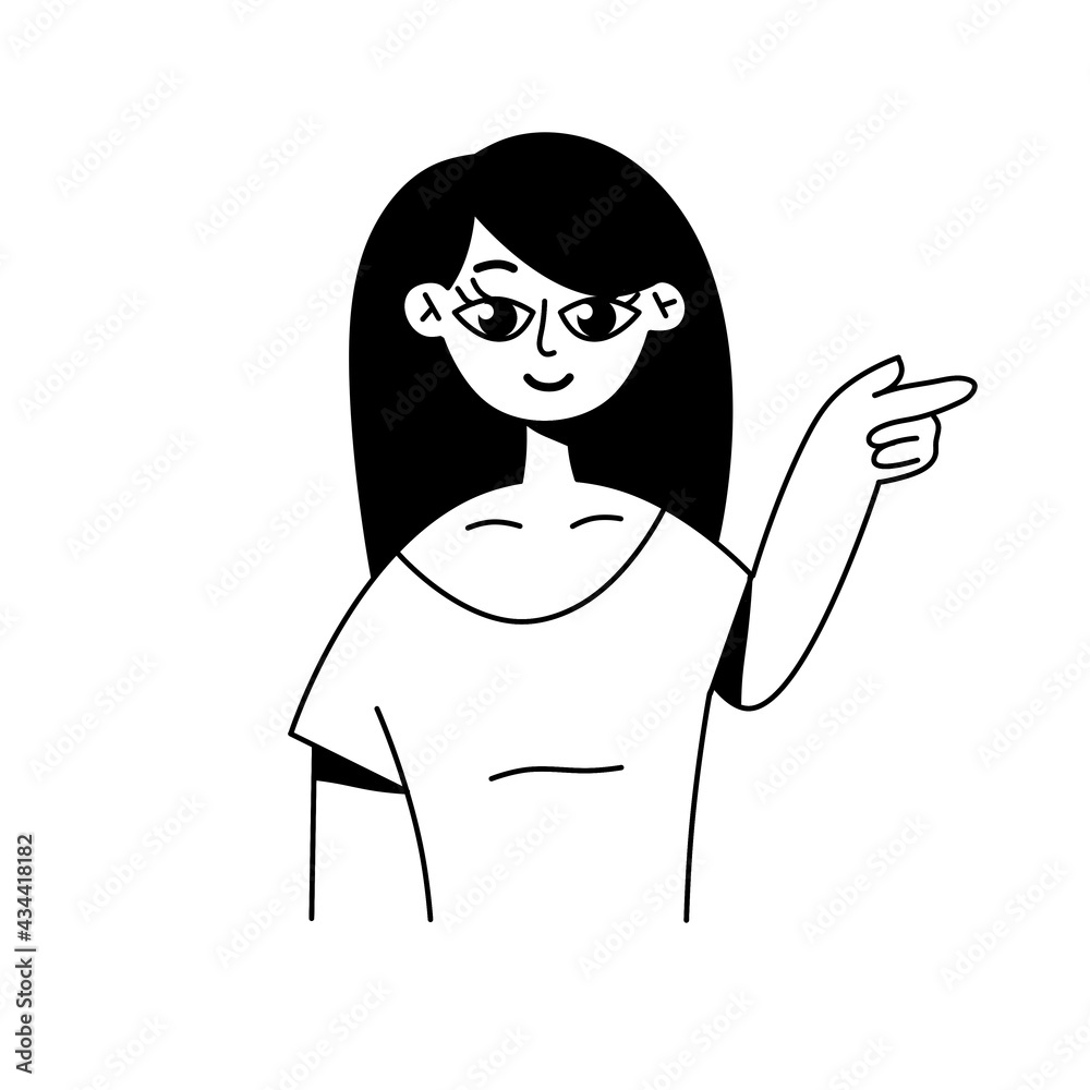 Woman points. Direction gesture and finger of hand. Modern linear girl character with half body. Trendy outline cartoon isolated on white Woman points. Direction gesture and finger of hand. Modern linear girl character with half body. Trendy outline cartoon isolated on white