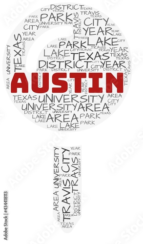 Austin and related concepts illustrated in a wordcloud shape like a map-pin over a white opaque background. photo