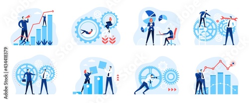 Business analysis. People with gears, diagrams, pie charts. Business mechanism, workflow company organization, partnership concept vector set. Employees working in team, successful management