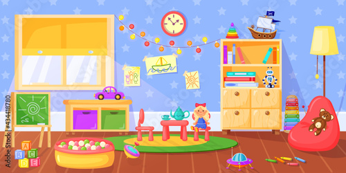 Kindergarten room. Preschool children playroom interior with toys, bookshelves, blackboard and furniture. Cartoon classroom vector illustration. Empty nursery room for games and education