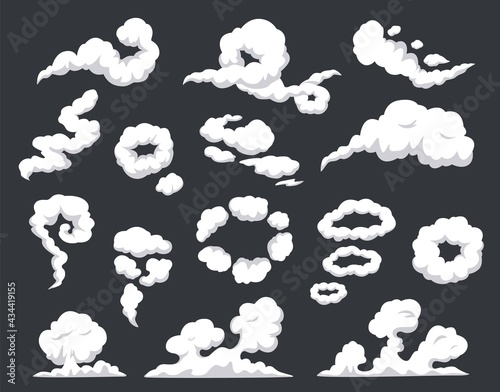 Comic smoke. Swirling clouds, puff of wind, steam, smog, dust, fog. Smoking vapors, fire smokes explosion blast cloud effect cartoon vector set. Fume trails, cigarette rings and swirls