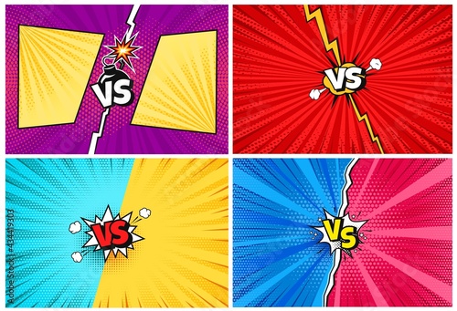 Versus. Cartoon comic vs challenge backgrounds with lightning, halftone texture. Comics pop art style fight or competition background vector set. Superhero battle intro for game, book