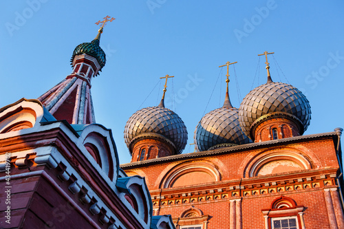 Famous 17th century orthodox church of the Resurrection in Lower Debra street. The domes against blue sky. Kostroma, Golden Ring, Russia