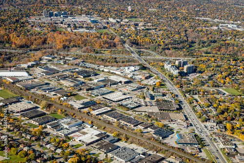 An aerial view of Railside industrial area near Lawrence and DVP, Toronto, Ontario