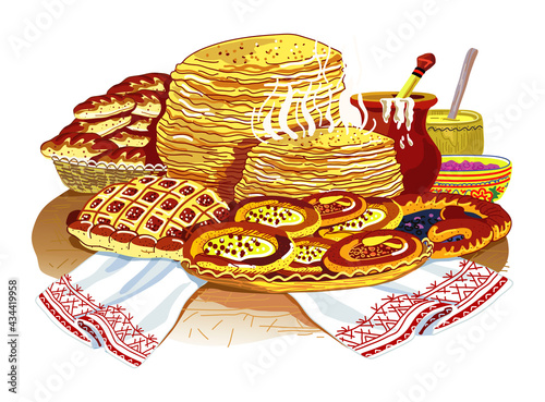 Feast for Shrovetide week vector. The image of the national Russian food on the table: pancakes, pies, bread, cheesecakes, krynka with milk, sour cream.