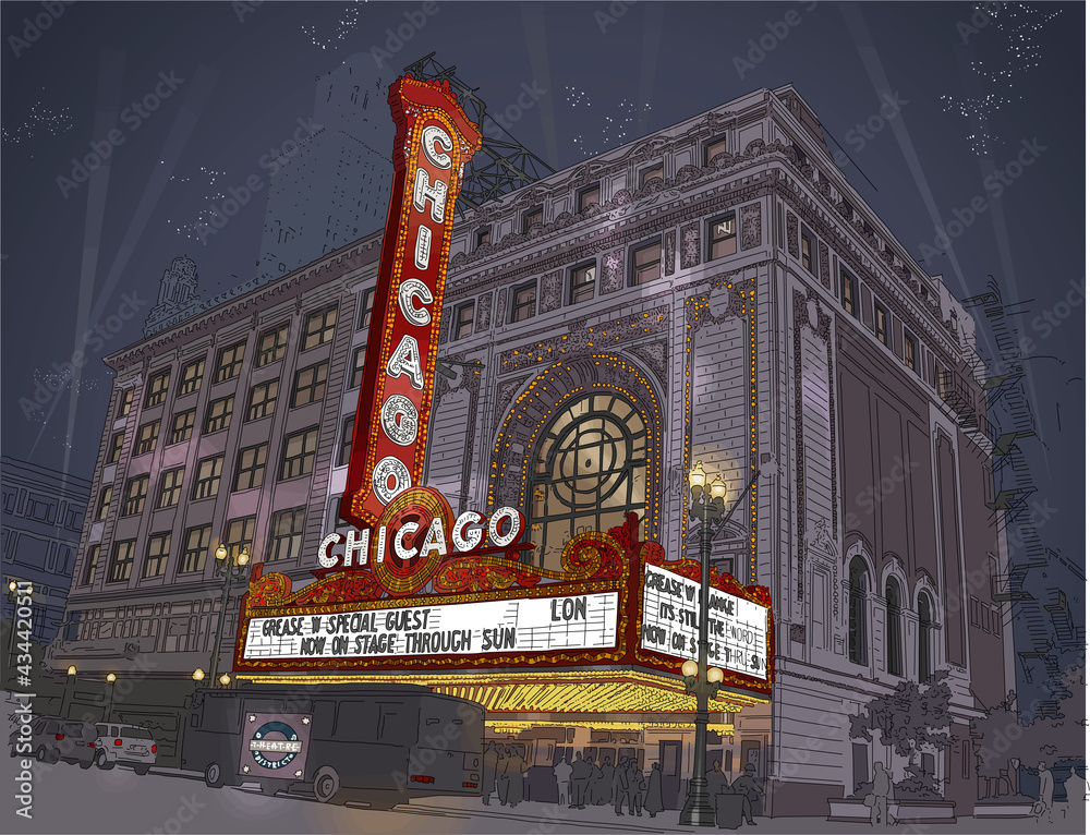 Obraz premium Digital painting over hand sketched pen and ink drawing of Chicago theater
