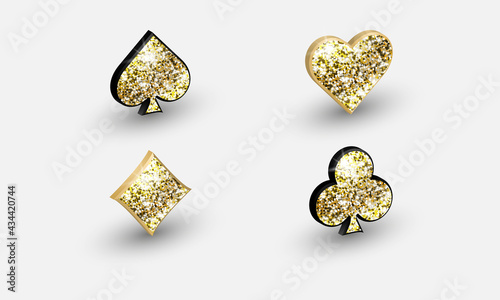 Suit of playing cards with golden glitter isolated on white background. 3d symbols for poster, flyer or banner design. Vector illustration