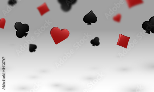All suits of playing cards fall casting a shadow on white background. Vector illustration for casino, poker and card games.