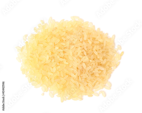 Pile of raw rice on white background. Vegetable planting