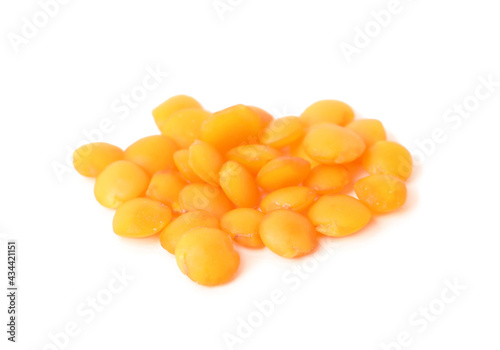 Pile of raw lentils on white background. Vegetable planting