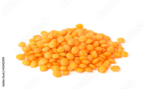 Pile of raw lentils on white background. Vegetable planting