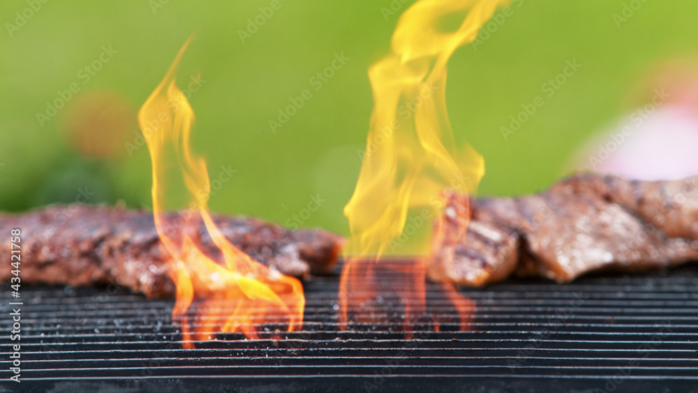 Grill grid with steaks in fire