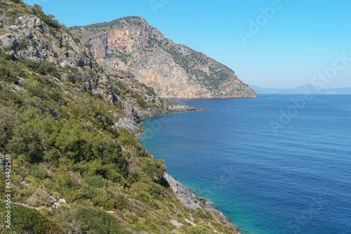 Rocky coastline with turquoise and clear sea water surface at sunny day. Summer holiday and travel to sea