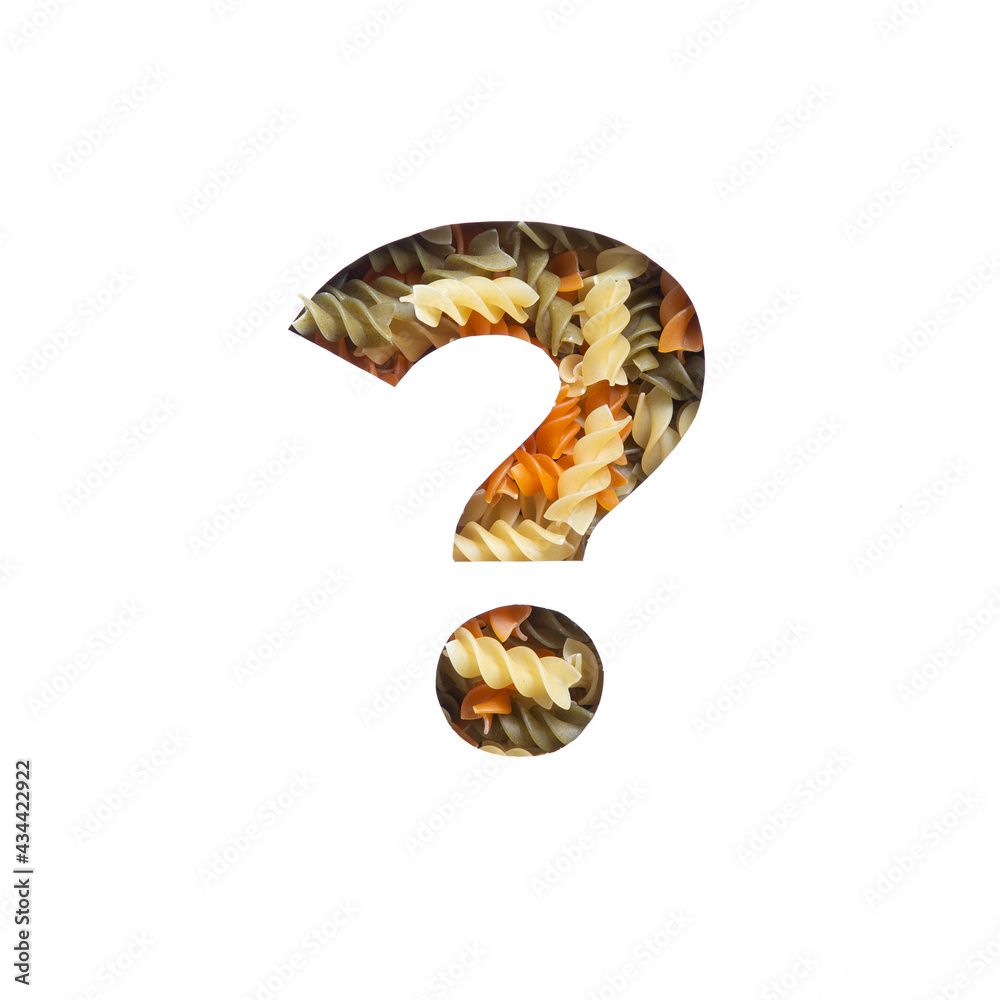 Question punctuation mark of italian food fusilli pasta and white cut paper. Typeface for food products store Question punctuation mark of italian food fusilli pasta and white cut paper. Typeface for food products store