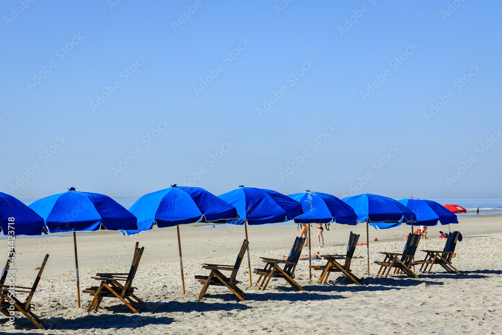 A group of blue umbrellas and beach chairs on an ocean beach.