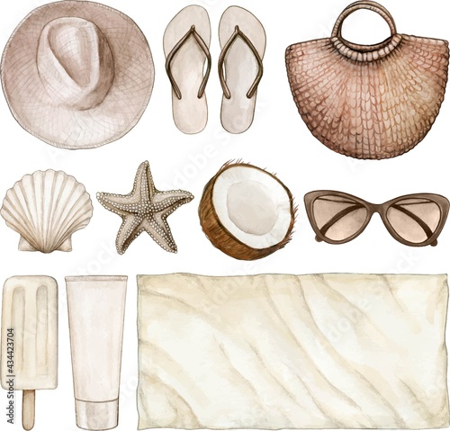 Watercolor summer object icon set neutral colors