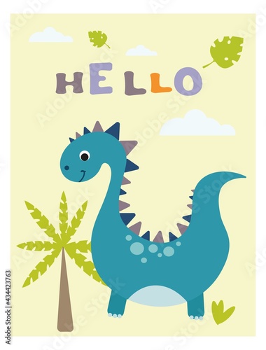 baby cards  posters with cute dinosaurs and plants  for room decoration and design  flat animals  stylized vector graphics