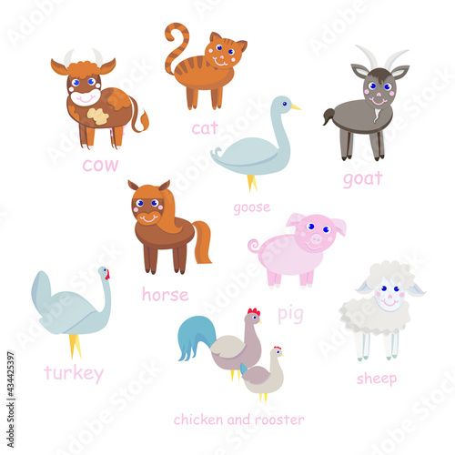 Fototapeta Naklejka Na Ścianę i Meble -  Cute Farm animal set flat design element art design stock vector illustration for web, for print, for children