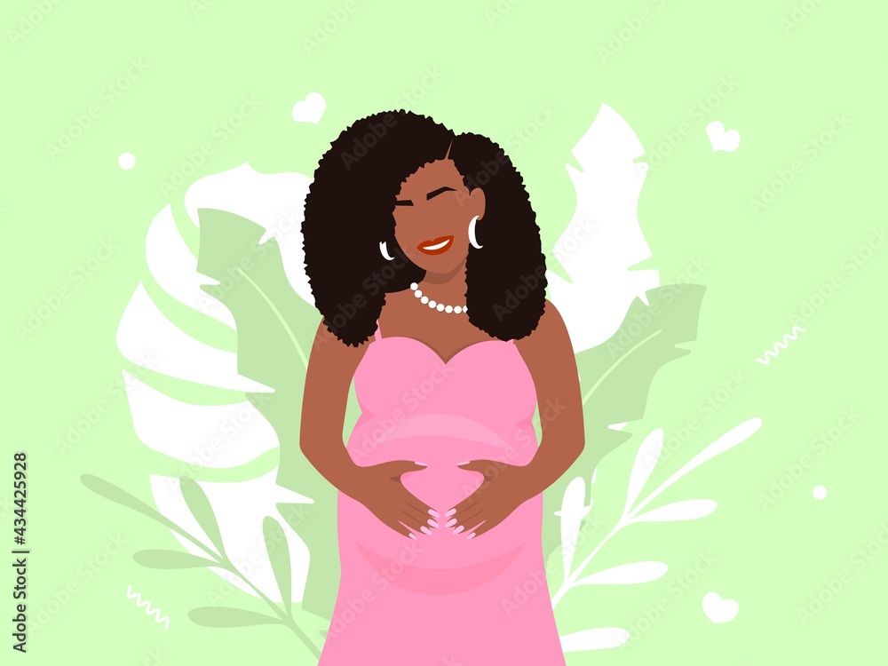 Happy pregnant african american woman. Beautiful smiling girl in pink dress and magnificent hairstyle holds her belly. Motherhood anticipation of long awaited vector baby