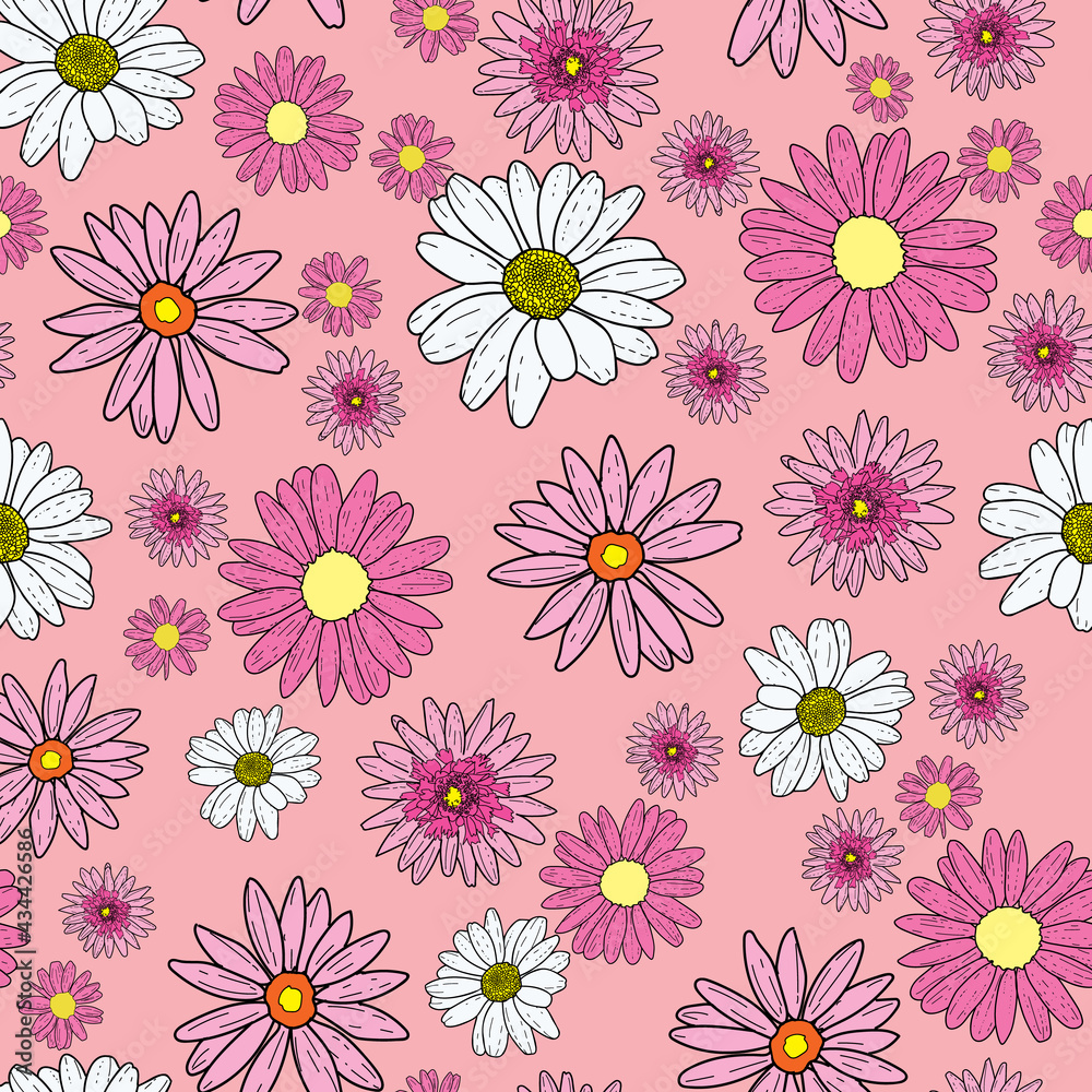 Vector peach pink background pink daisy flowers and wild flowers. Seamless pattern background Vector peach pink background pink daisy flowers and wild flowers. Seamless pattern background