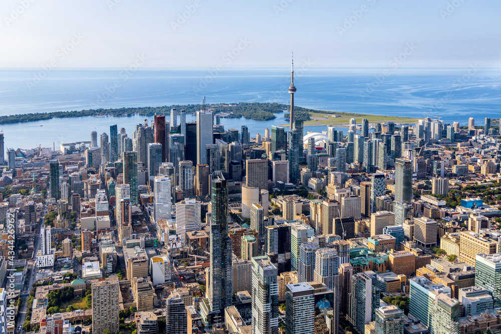 An aerial view of downtown Toronto skyline from the north looking south toward the business district and the Toronto Islands.