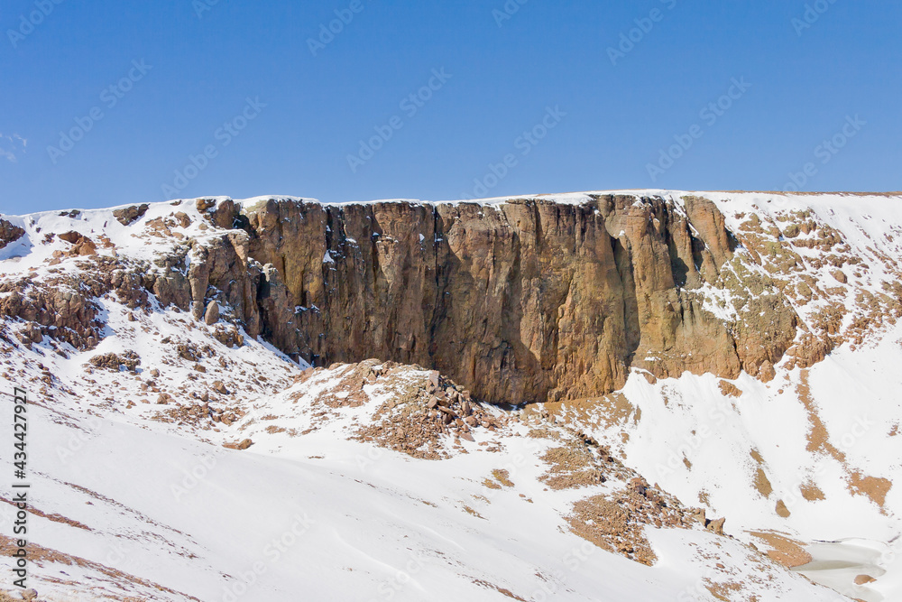 Lava Cliffs in Rocky Mountain National Park west of the continental divide with snow field below and clear blue sky above
