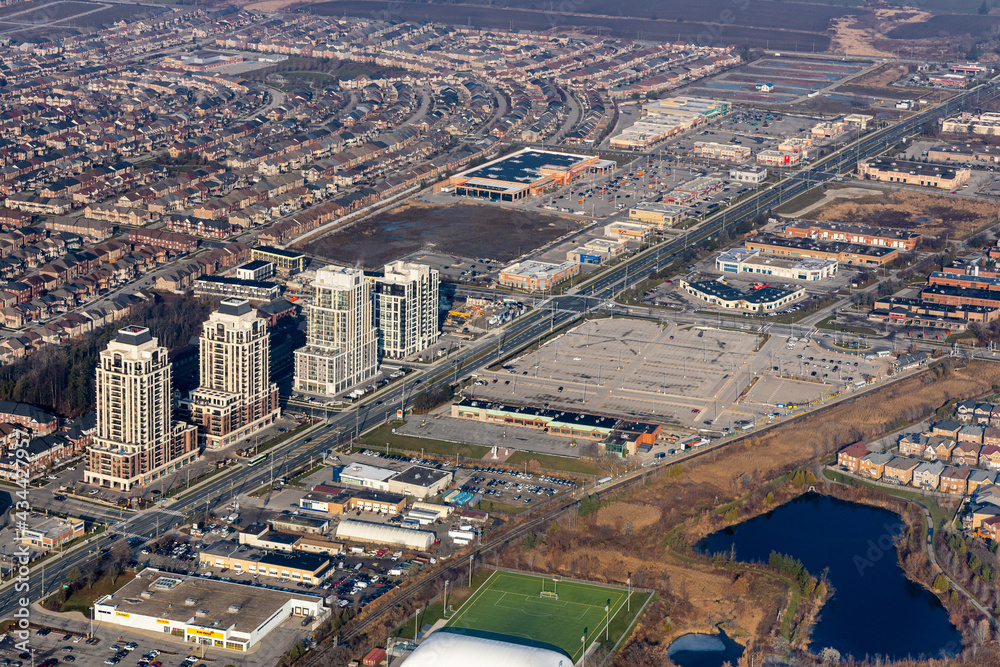 An aerial view north of 16th Ave on Markham Rd showing Mt Joy Go Station, residential and commercial developments.
