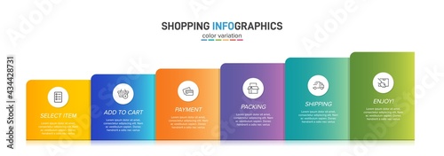 Concept of shopping process with 6 successive steps. Six colorful graphic elements. Timeline design for brochure, presentation, web site. Infographic design layout.