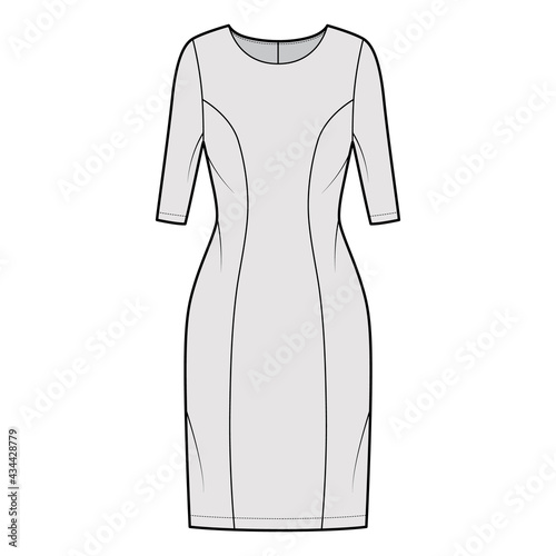Dress princess line technical fashion illustration with elbow sleeves, fitted body, knee length pencil skirt. Flat apparel front, grey color style. Women, men unisex CAD mockup