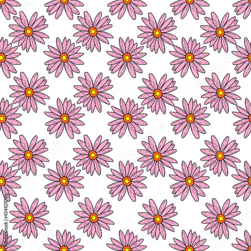 Vector white background pink daisy flowers and wild flowers. Seamless pattern background