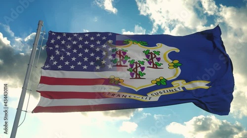 Flag of USA and Connecticut state. USA and Connecticut Mixed Flag waving in wind photo