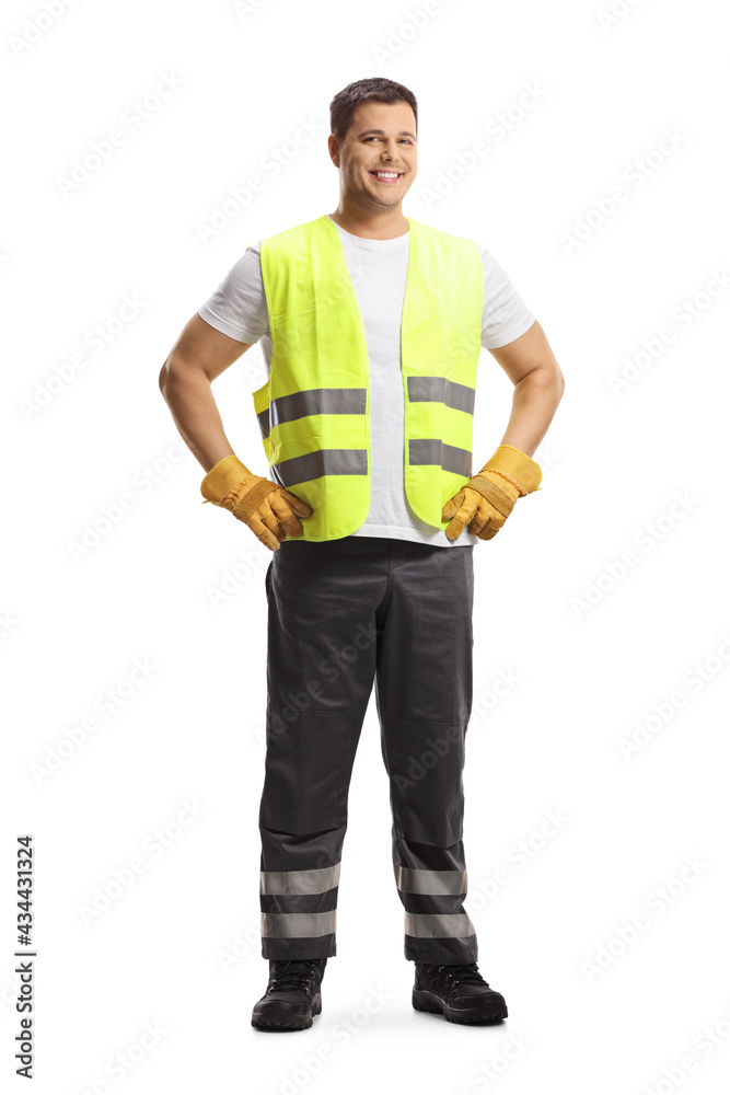 Full length portrait of a waste collector in a uniform and gloves Full length portrait of a waste collector in a uniform and gloves