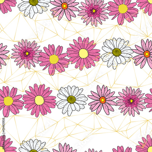 Vector white background pink daisy flowers and wild flowers. Seamless pattern background