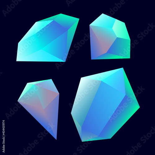set of faceted gemstones: opals, aquamarines or sapphires, glass crystals for bijou, color vector illustration on dark blue background in cartoon and clipart style
