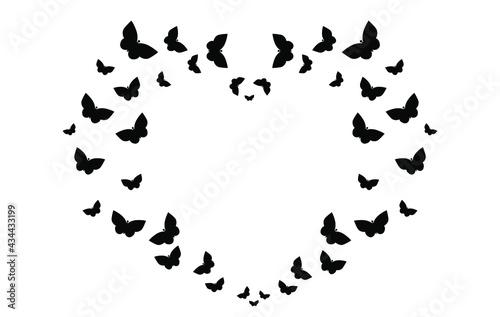 Butterflies silhouette, frame in the shape of the heart, vector EPS 10. Summer border, decor.
