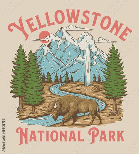 Fotografia Vintage Yellowstone National Park Bison Mountain Geyser Scene