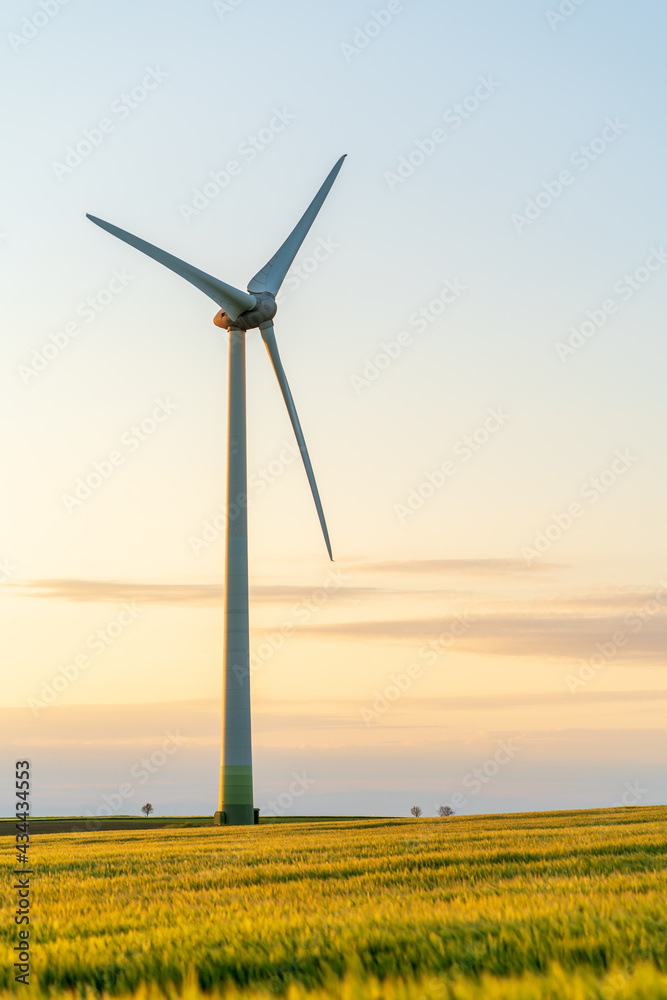 Green field at sunset on a summer day with scattered clouds with a wind turbine in a windfarm where renewable energy is produced. Sustainable alternatives for green energy production. Green field at sunset on a summer day with scattered clouds with a wind turbine in a windfarm where renewable energy is produced. Sustainable alternatives for green energy production.