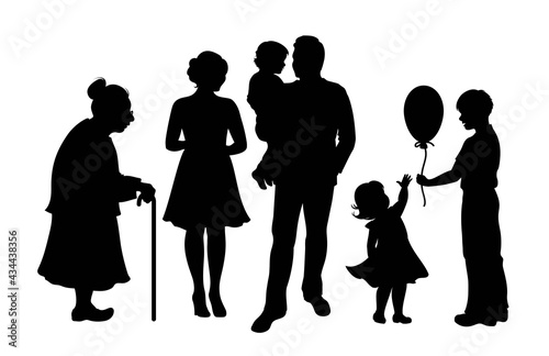People silhouettes. Happy family. Woman and an elderly woman, man holds child in his arms, boy gives little girl balloon. Black isolated silhouette on white background. Vector illustration