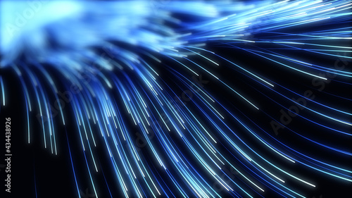 wave of high speed data particle trails. 3D illustration with depth of field blur effect. suitable for big data, technology, networl and futuristic themes.