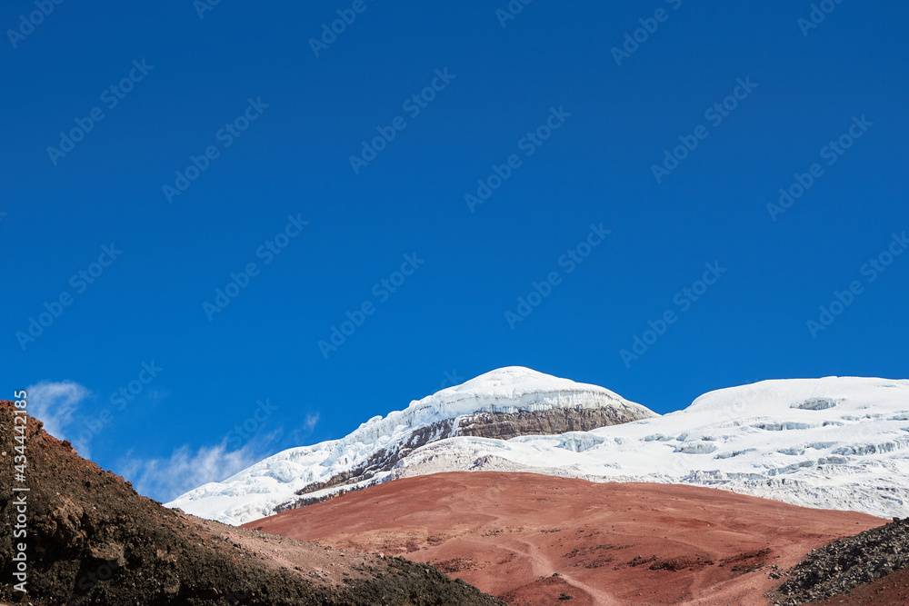 Cotopaxi volcano with a blue sky.