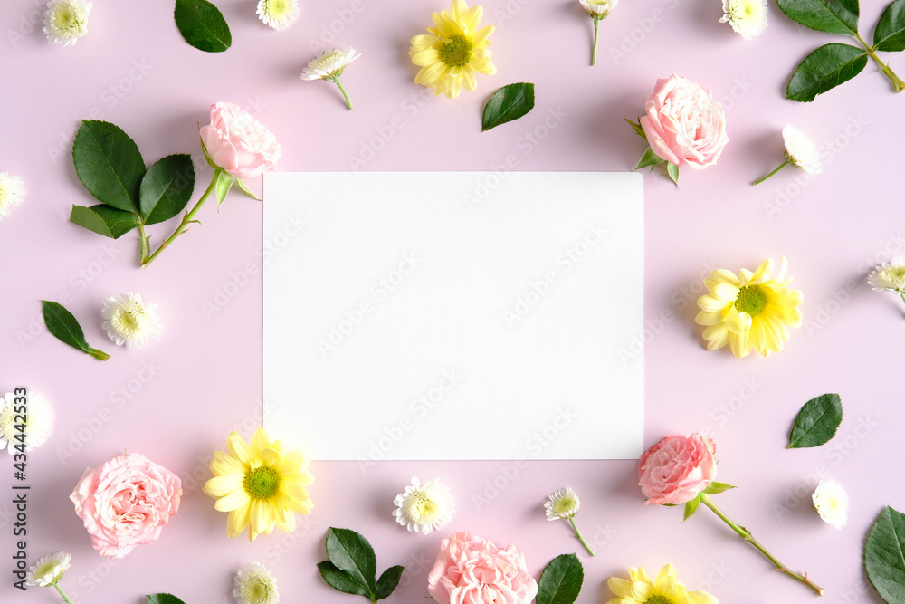 Blank greeting card mockup and flowers on pink background. Happy Mother's Day, Birthday, anniversary concept.