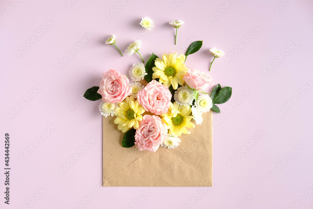 Open mail envelope with flower on pink background. Romantic, Love letter, flowers delivery concept.