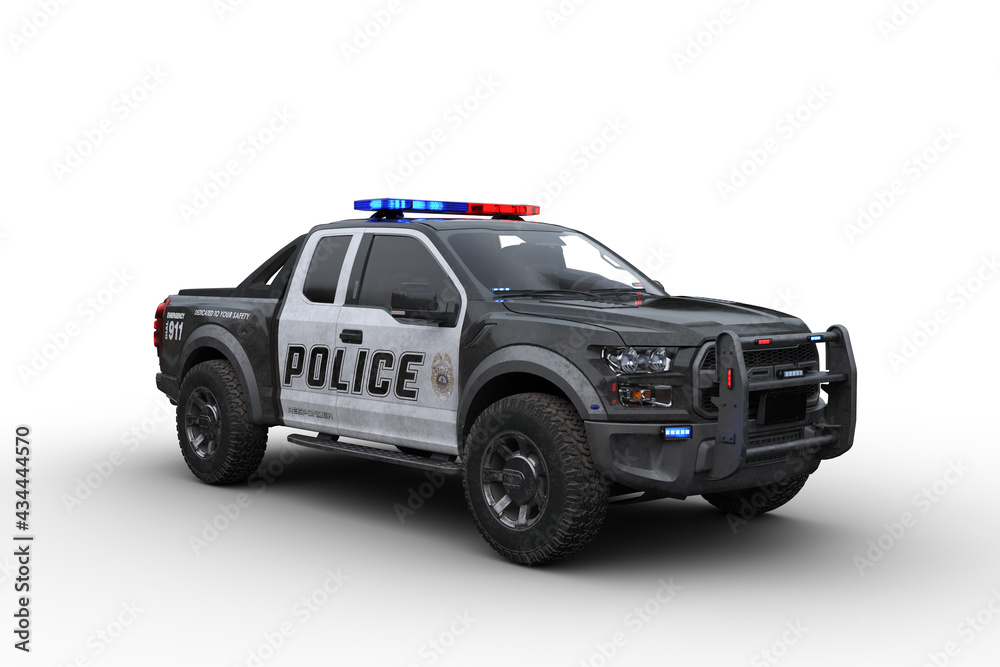 3D rendering of a black and white american police truck isolated on white. 3D rendering of a black and white american police truck isolated on white.