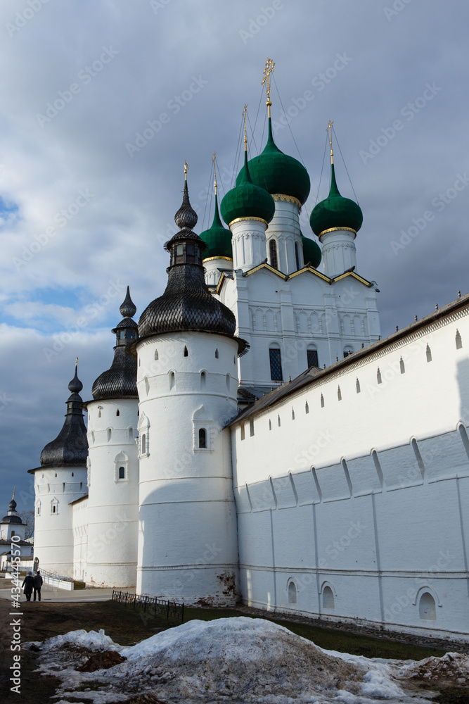 Rostov Kremlin. The wall towers and Orthodox Church of St. John the Theologian. Rostov the Great, a popular travel destination of tourist route Golden Ring