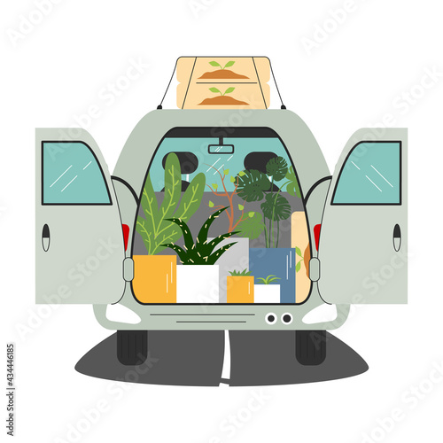 Van trunk is open and full of houseplants and land. Automobile has monstera, succulent, aloe for greenhouse, garden, orangery. Shopping in botanical and floral market. Vector flat cartoon illustration